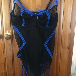 Vintage Frederick's of Hollywood Black and Blue Mesh Bodysuit Teddy, XL